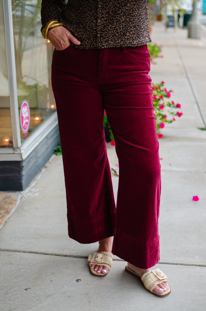 Risen High Rise Crop Wide Corduroy Pants in Wine