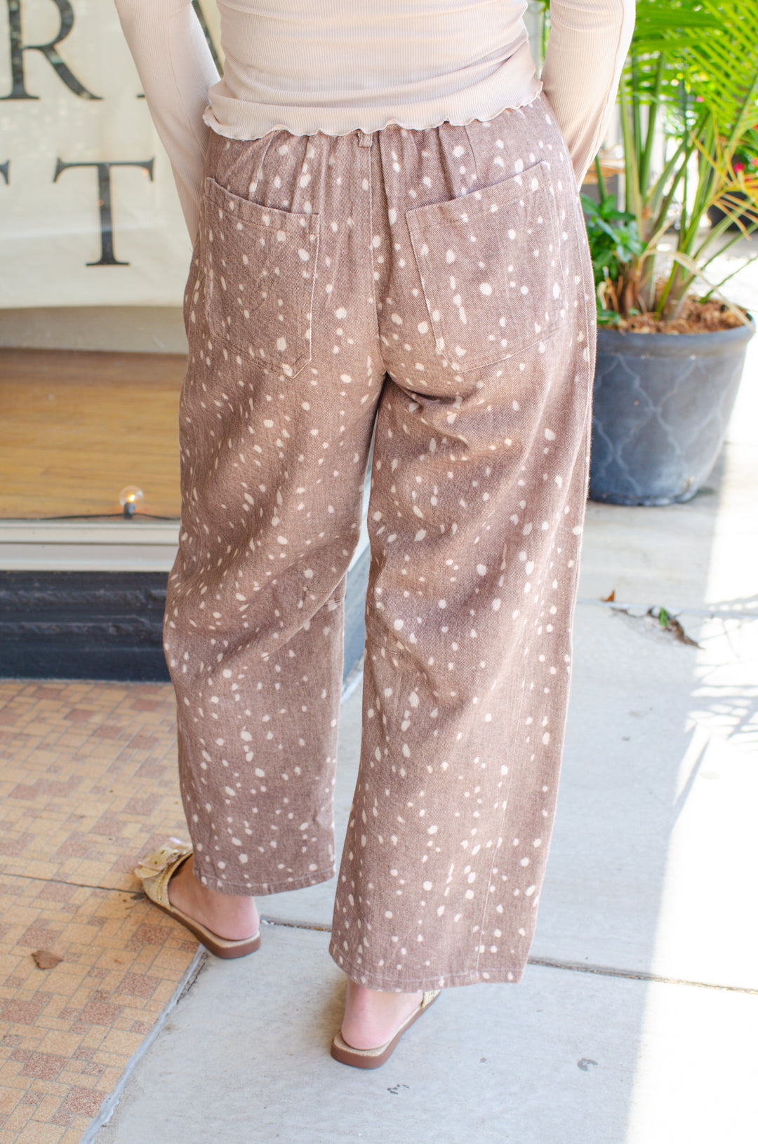 Bambi Print Wide Leg Barrel Pants in Mocha