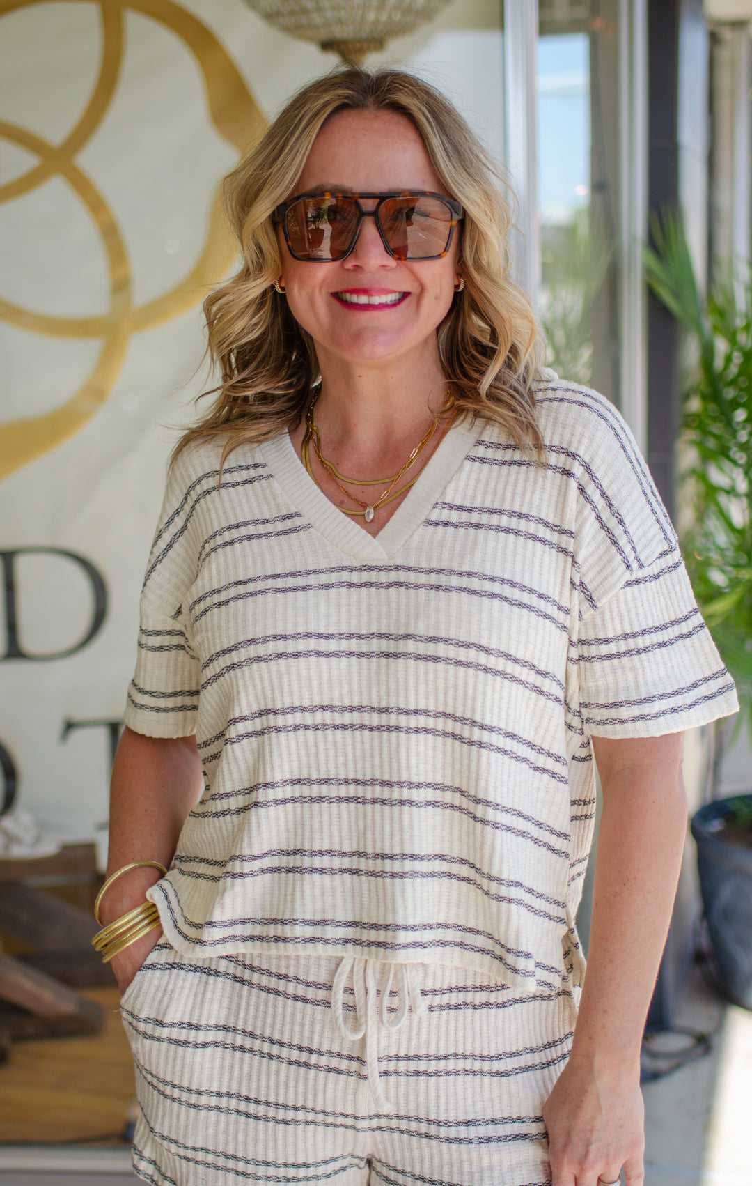 Casual Chic Oatmeal Stripe Knit Shorts in Black Stripe