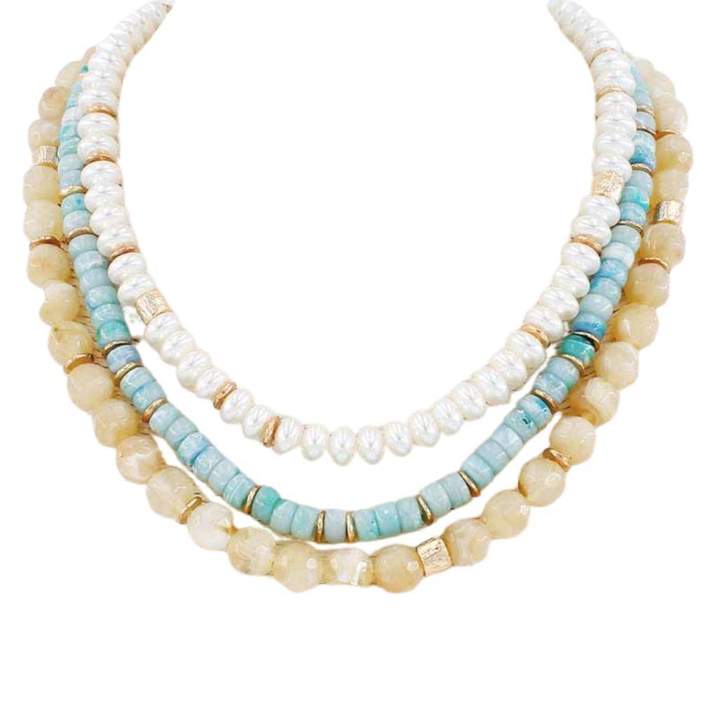 Turquoise, Cream & Taupe Triple Layer Beaded Necklace