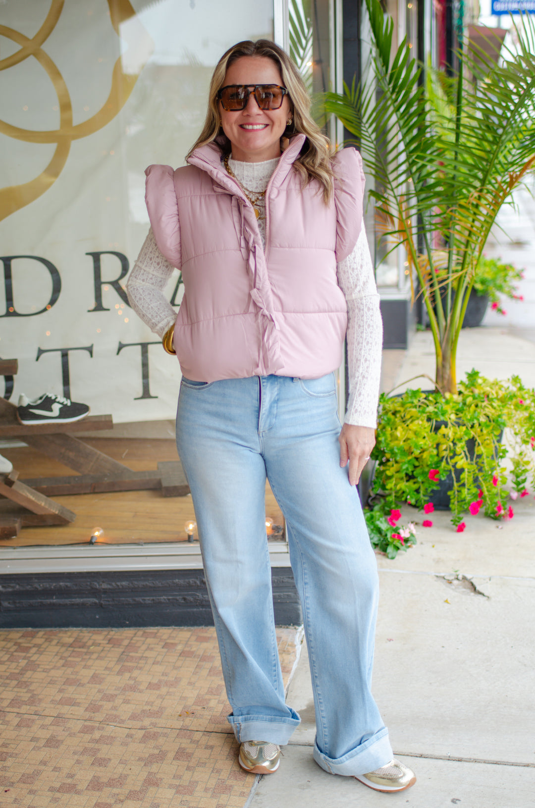 Fancy Flutter Sleeve Puffer Vest in Blush