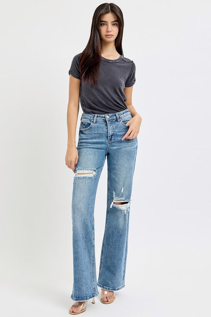 Risen High Rise Wide Leg Ripped Jeans in Medium Wash