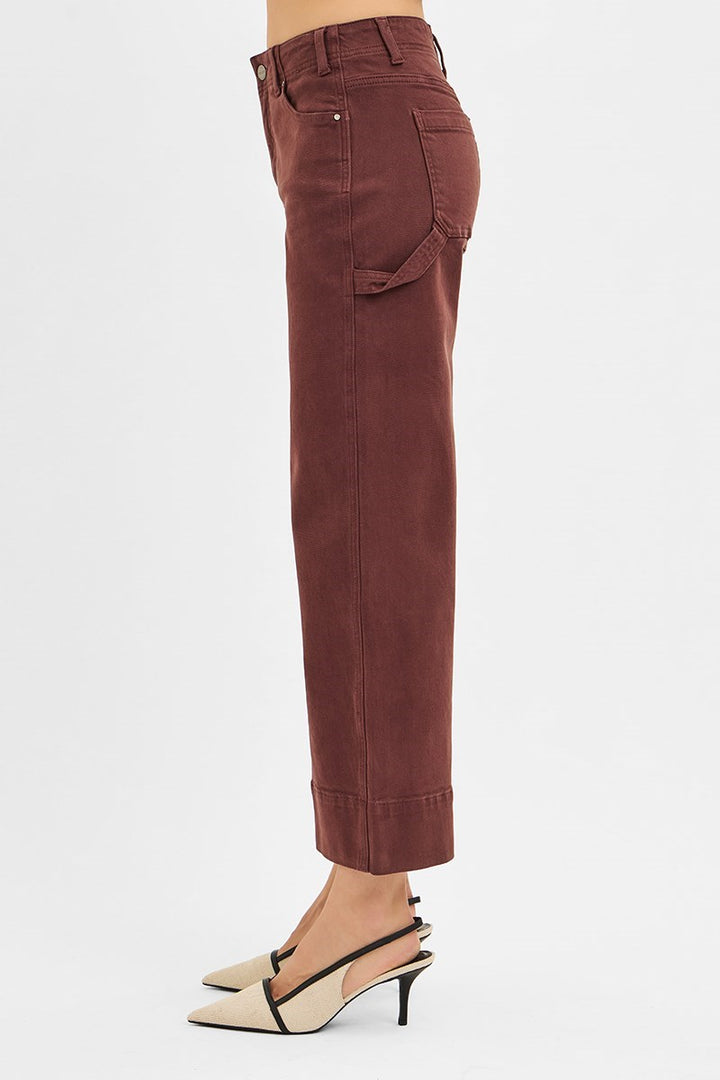 Risen High Rise Tummy Control Wide Leg Cuff Jeans in Chocolate