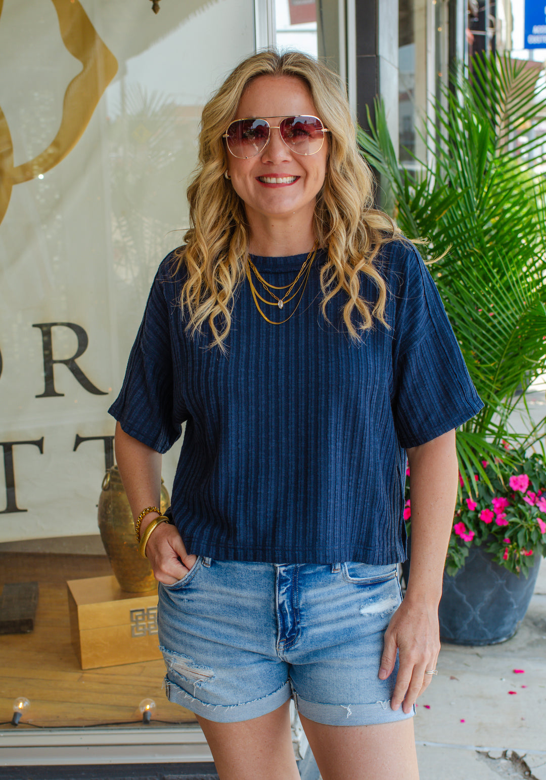 A Star Is Born Cream Textured Stripe Top in Navy