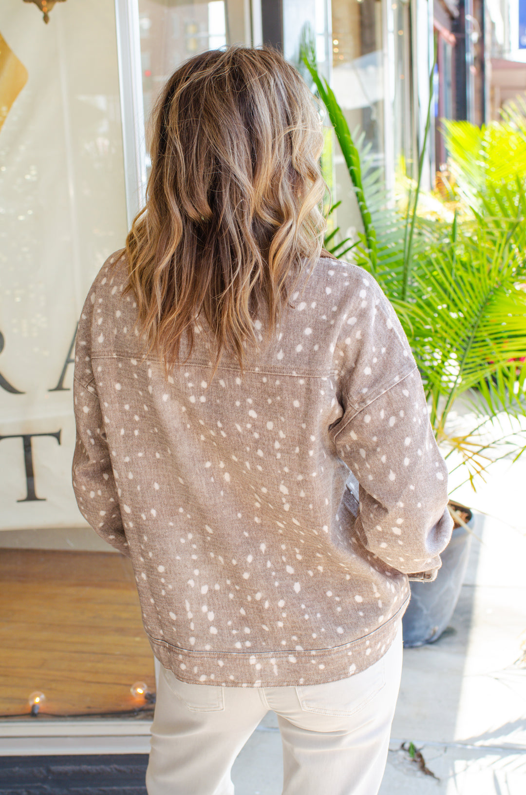 Warm My Heart Bambi Print Oversized Button Down Top in Mocha
