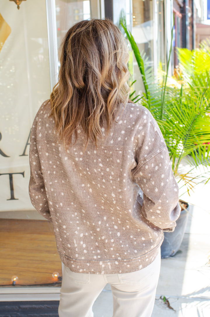 Warm My Heart Bambi Print Oversized Button Down Top in Mocha