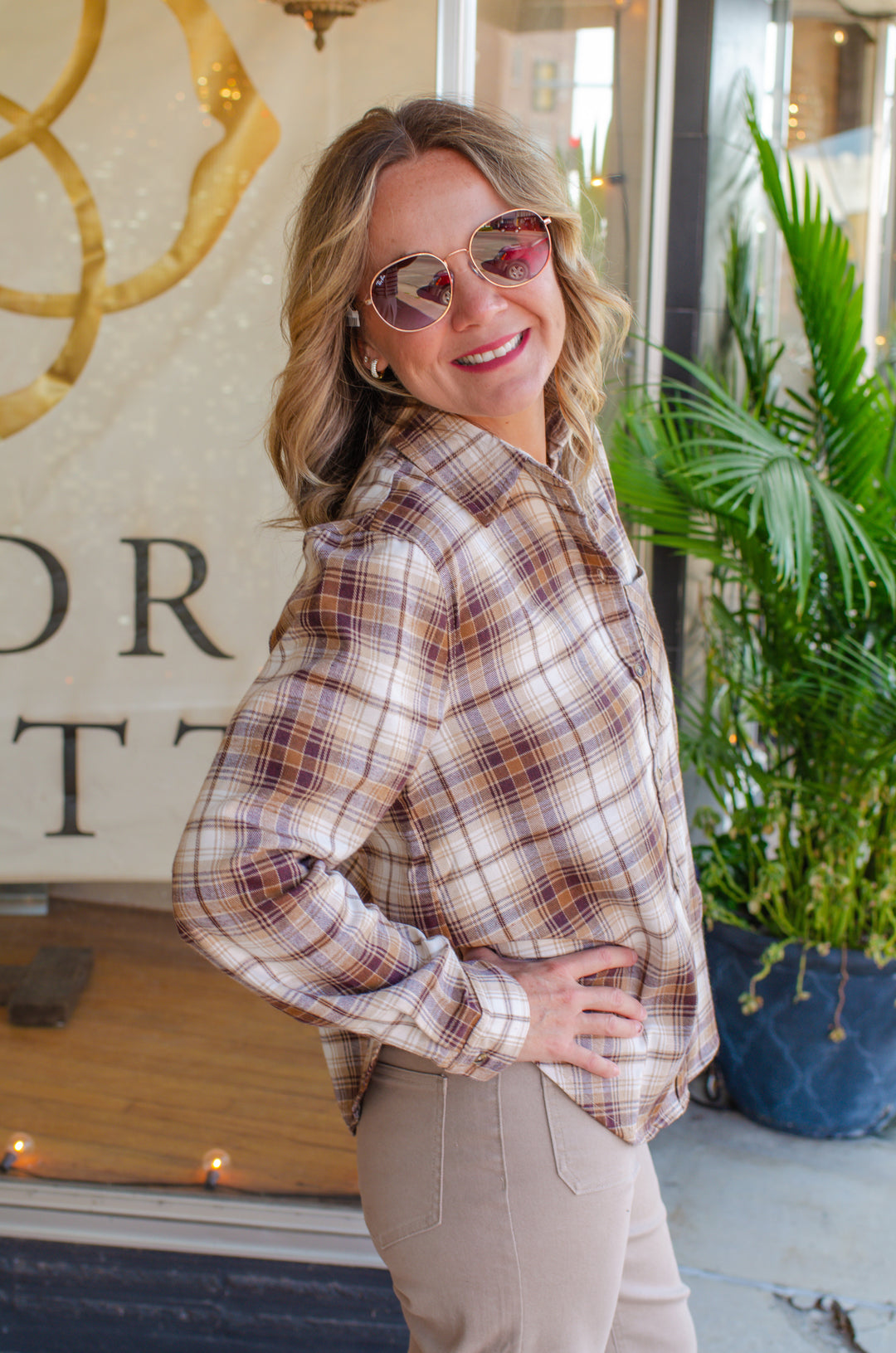 Fall Feels Lightweight Button Down Plaid in Brown/Taupe Mix