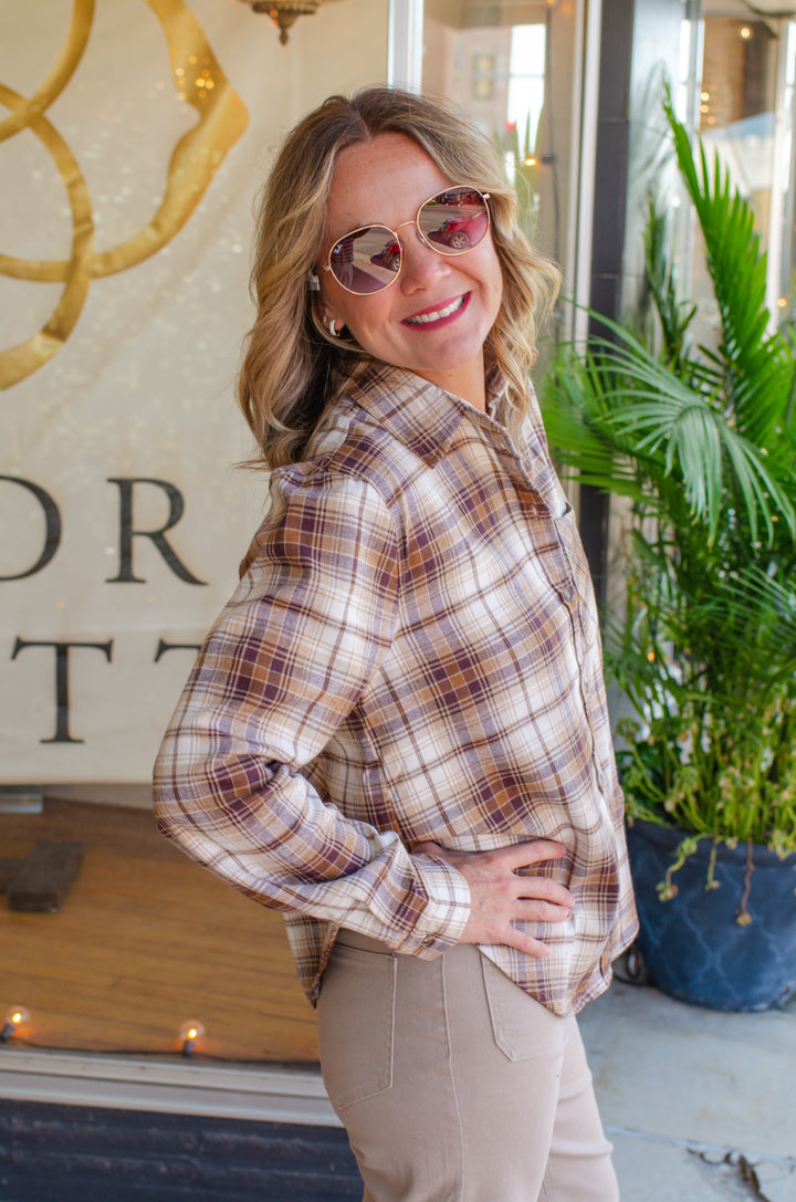 Fall Feels Lightweight Button Down Plaid in Brown/Taupe Mix