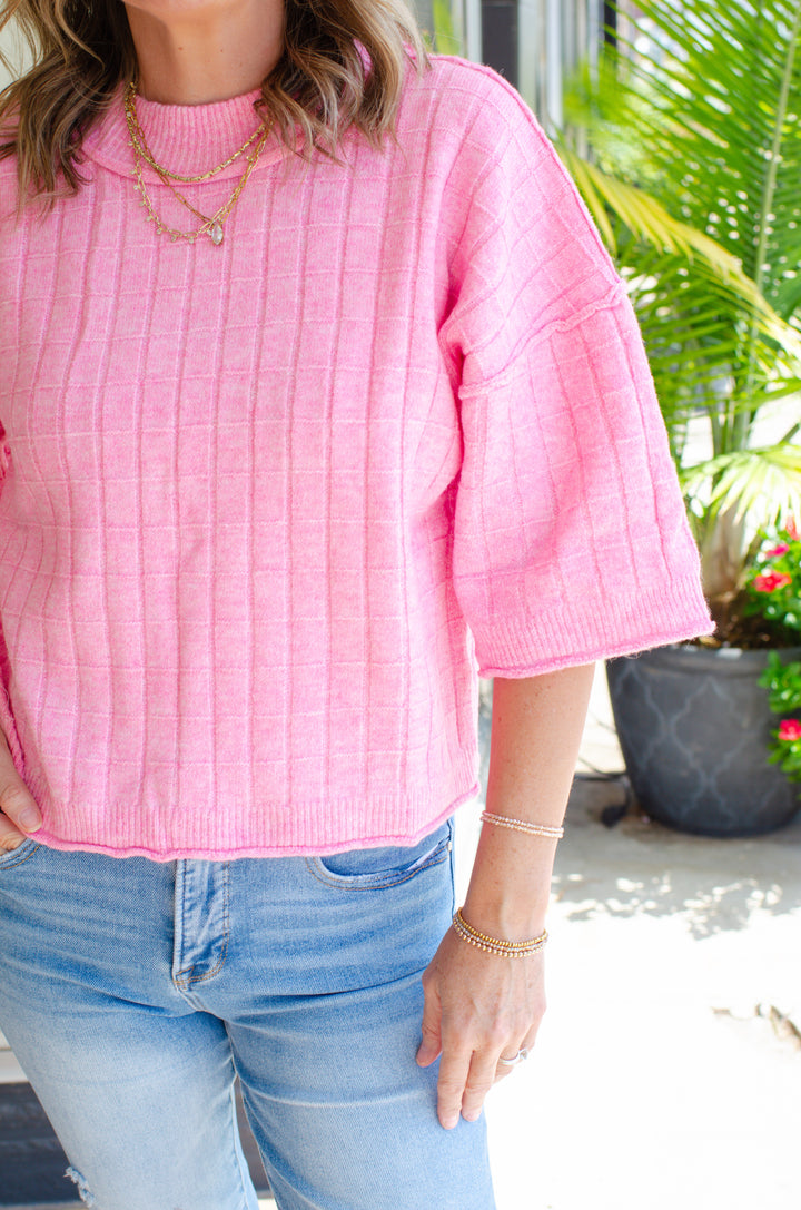 Perfect Fall Short Sleeve Textured Sweater Top in Pink