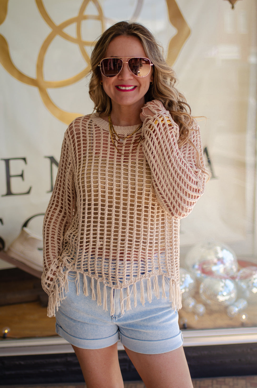 Feeling The Fringe Crochet Knit Long Sleeve Top in Natural