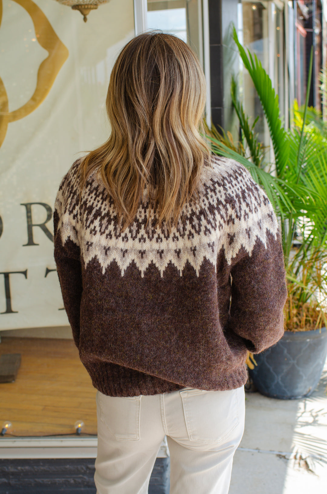 Snow Top Mountain Fair Isle Yoke Sweater in Chocolate
