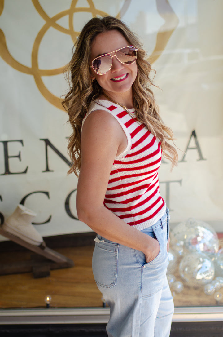 Nautical Moment Stripe Knit Sleeveless Tank in Red & Cream