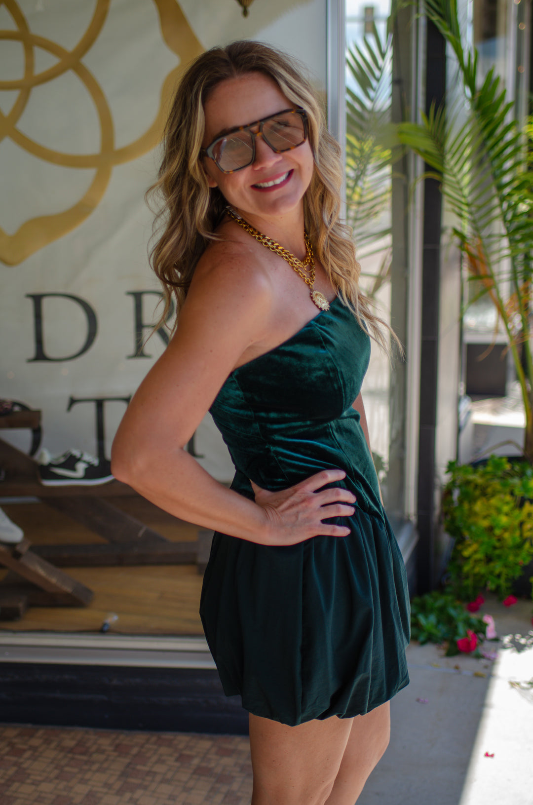 Take Me Out Velvet Strapless Bubble Hem Dress in Emerald