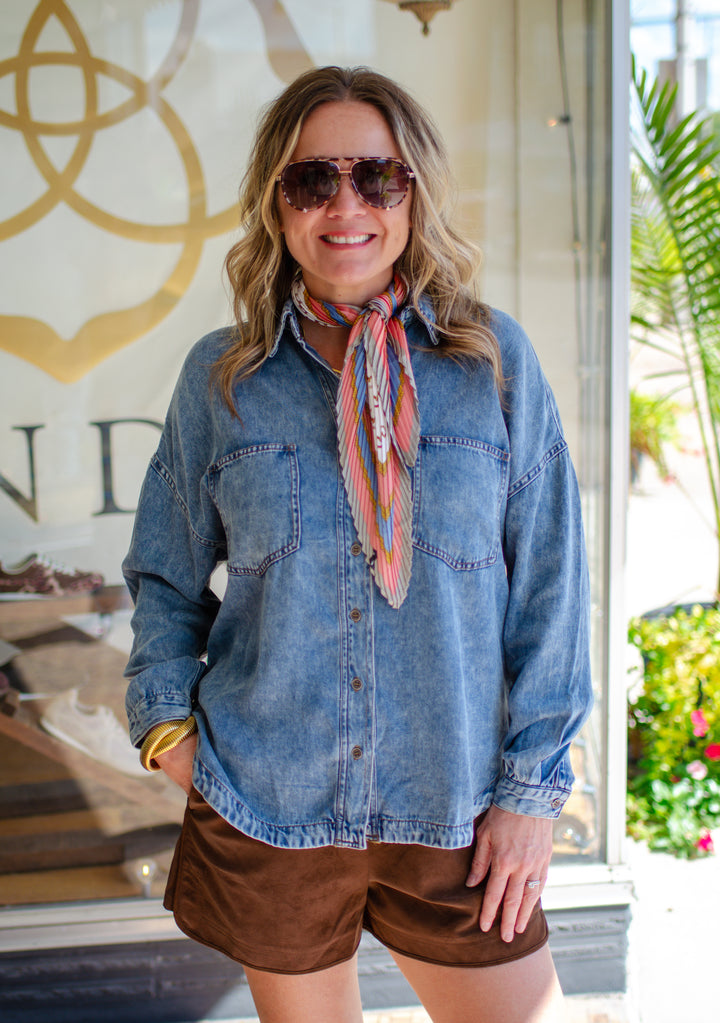 Chambray Perfection Button Down Oversized Pocket Long Sleeve Top