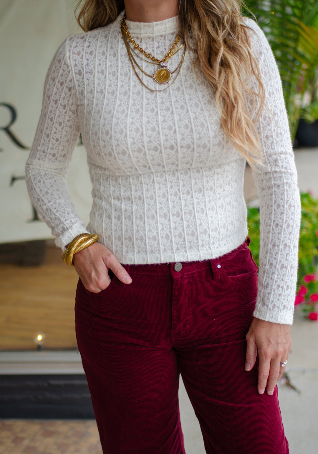 Stripe Floral Jacquard Mock Neck Long Sleeve Top in Ivory