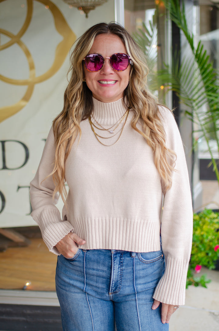 Take Your Time Knit Mock Neckline Sweater in Light Khaki