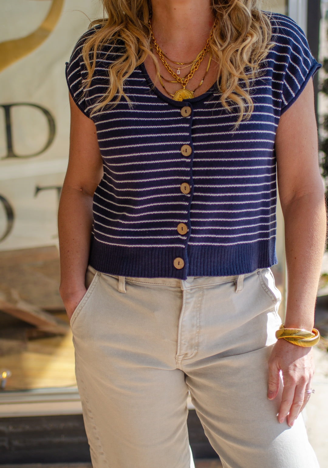 Coastal Moment Knit Stripe Button Down Top in Navy