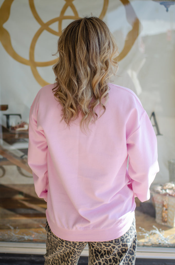 Jesus Saves, I Spend Puff Letter Sweatshirt in Pink