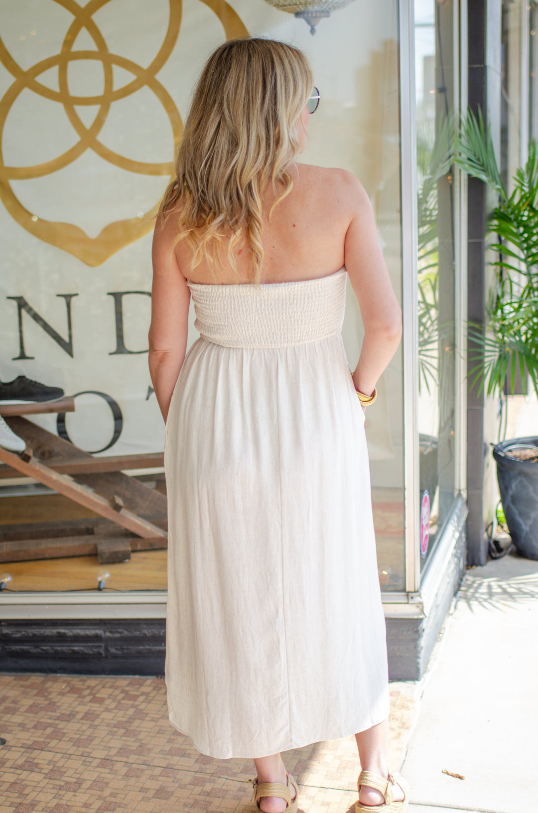 La Dolce Vita Strapless Empire Waistline Midi Dress in Natural