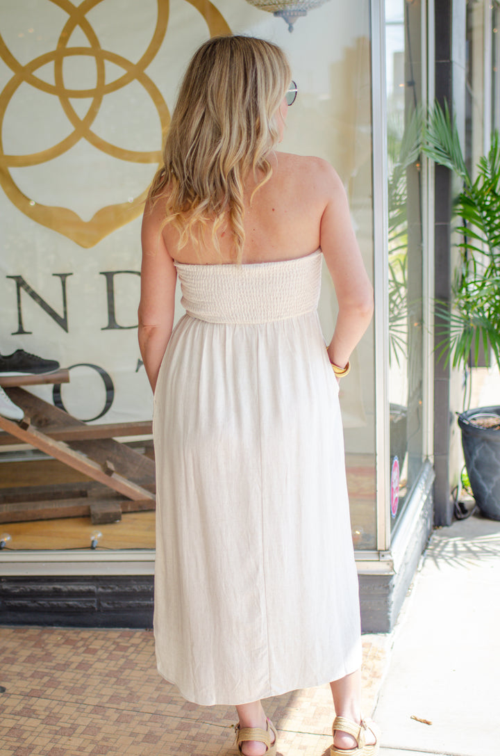 La Dolce Vita Strapless Empire Waistline Midi Dress in Natural