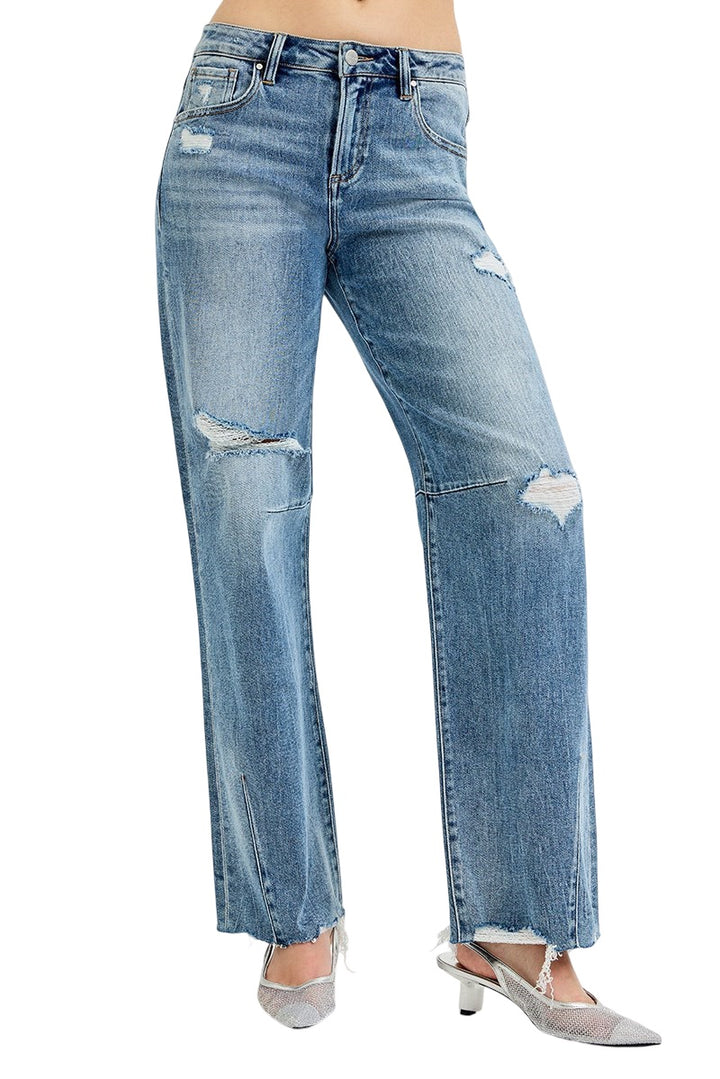 Risen Mid Rise Distressed Wide Leg Jeans in Medium Wash