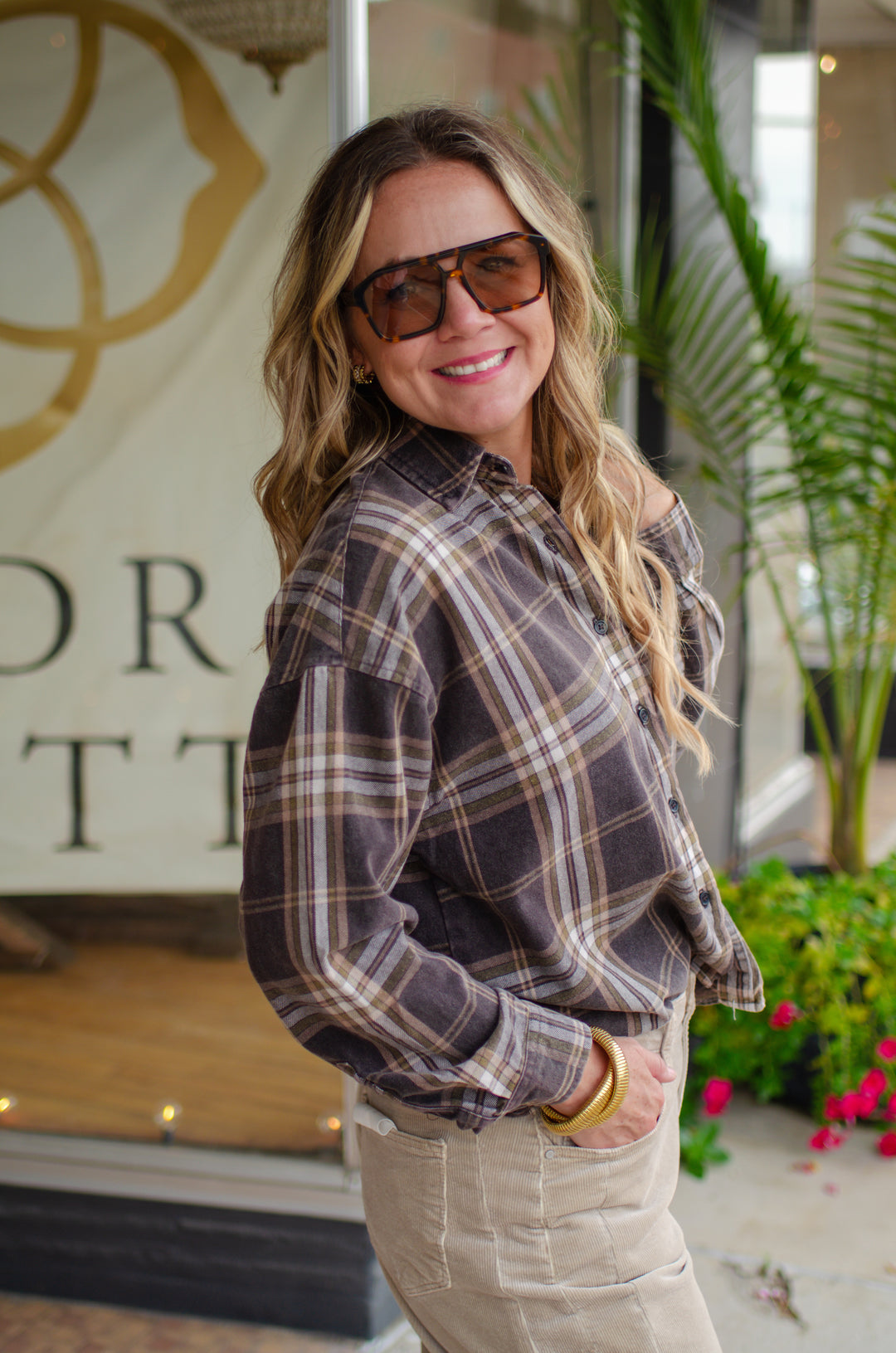 Good Times Plaid Button Down Collared Boxy Long Sleeve Shirt in Brown Mix