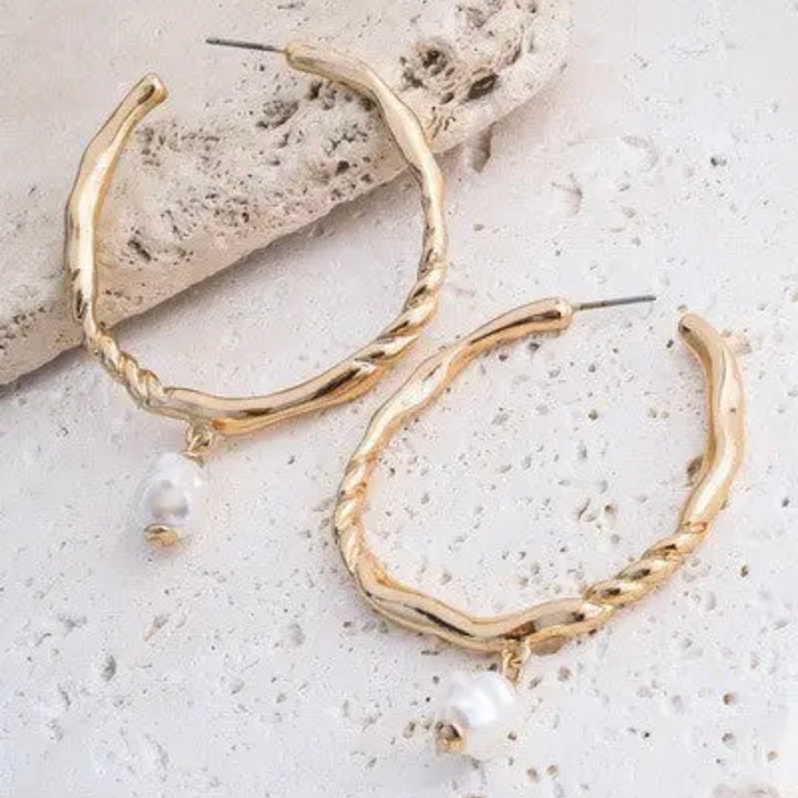 Pearl Drop Twisted Hoop Earrings
