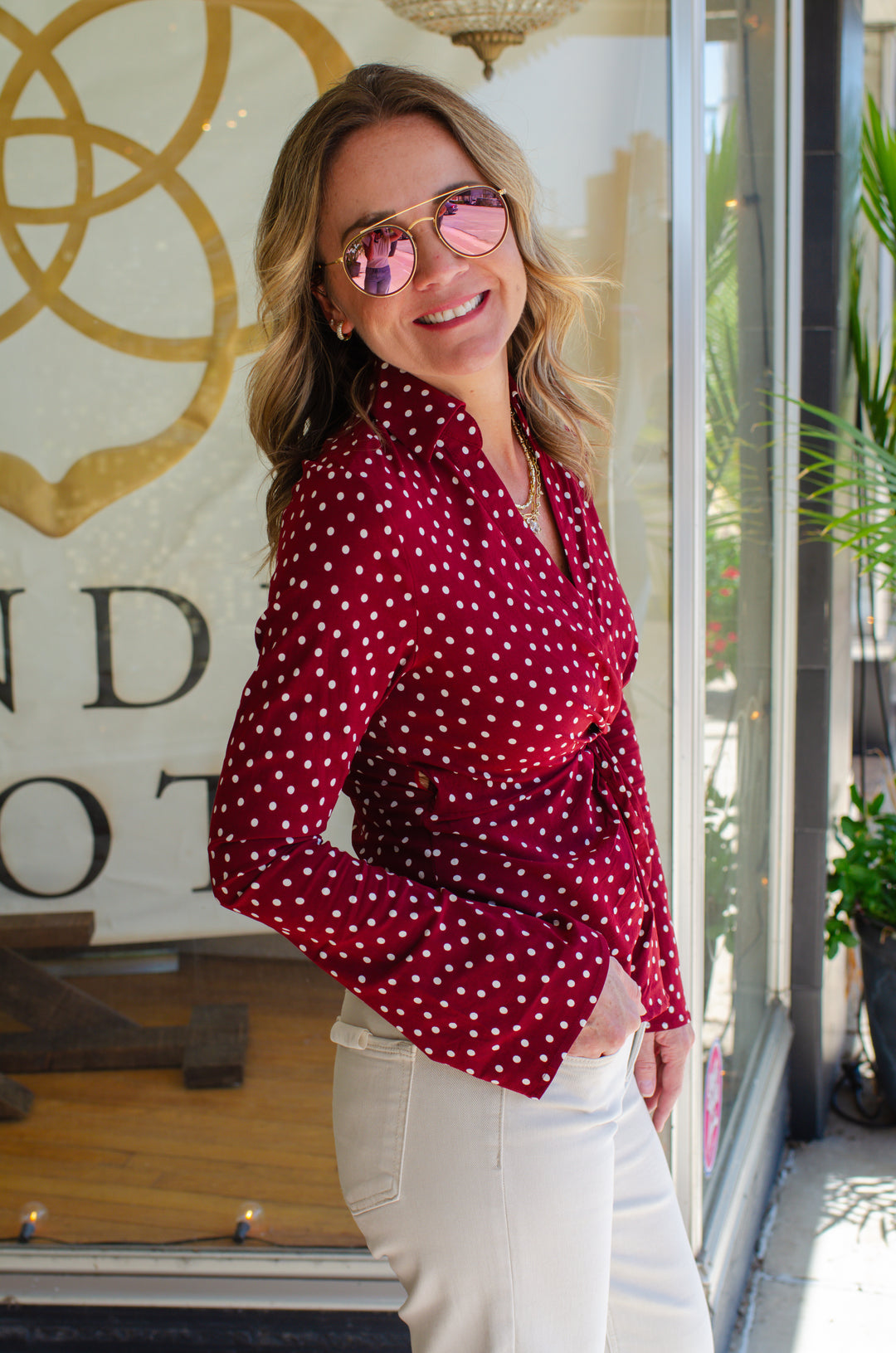 Plot Twist Polka Dot Fitted Knot Top in Burgundy & Off White