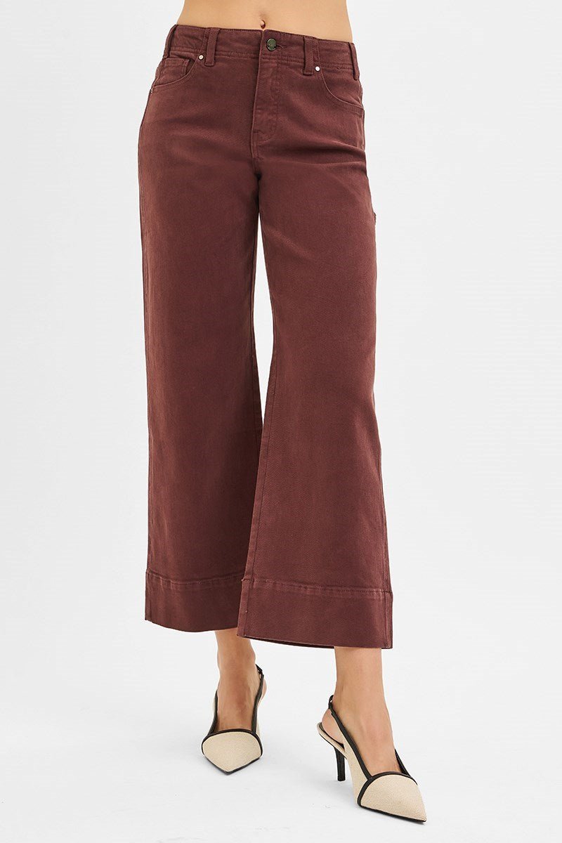 Risen High Rise Tummy Control Wide Leg Cuff Jeans in Chocolate