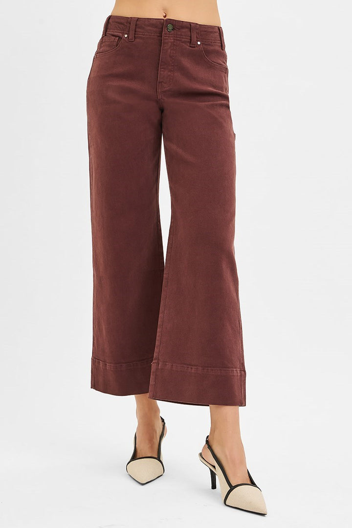 Risen High Rise Tummy Control Wide Leg Cuff Jeans in Chocolate
