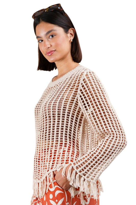 Feeling The Fringe Crochet Knit Long Sleeve Top in Natural