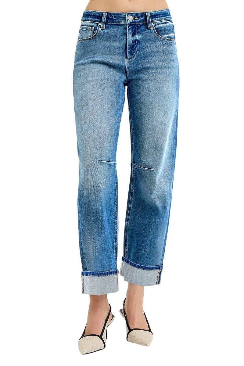 Risen Slouchy Crop Barrel Cuffed Jeans in Medium Wash