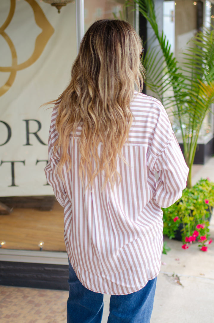 Casual Classic Stripe Collared Button Down Long Sleeve Shirt in Brown