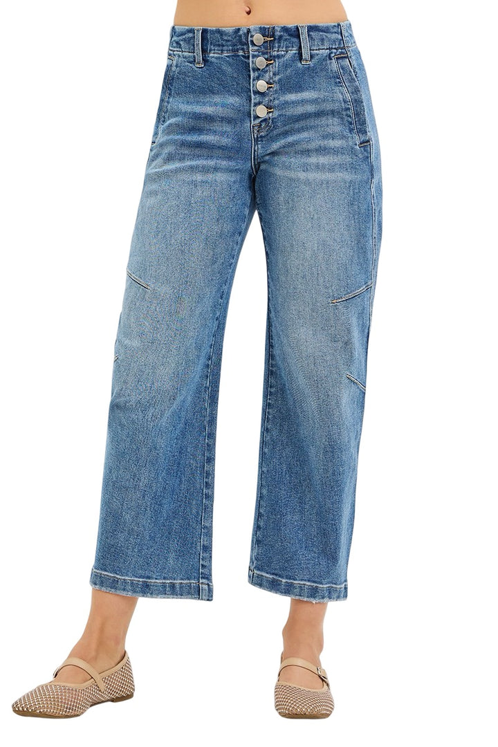 Risen Slouchy Crop Barrel Twist Seams Button Down Jeans in Medium Wash