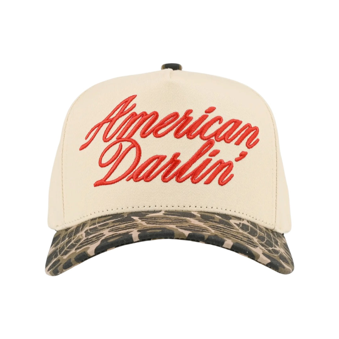 American Darlin' Embroidered Red Letter on Two Tone Trucker Hat on Leopard
