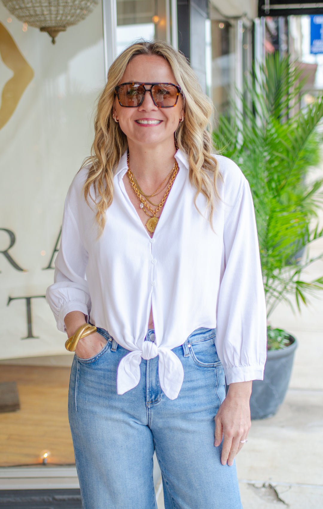 Simple Statement Button Down Tie Front White Linen Blouse
