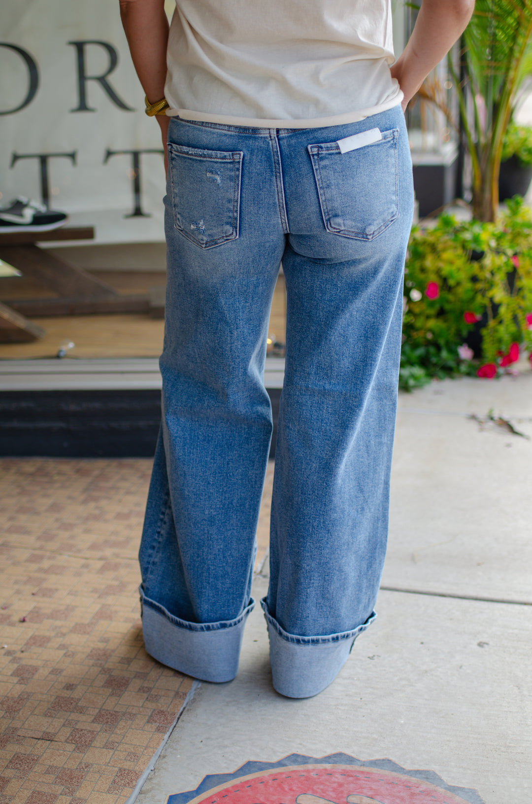 Risen Tummy Control Mid Rise Wide Cuff Jeans in Medium Wash