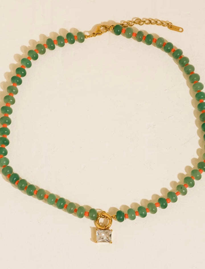 Zurich Precious Stone Beaded CZ Charm Necklace in Green