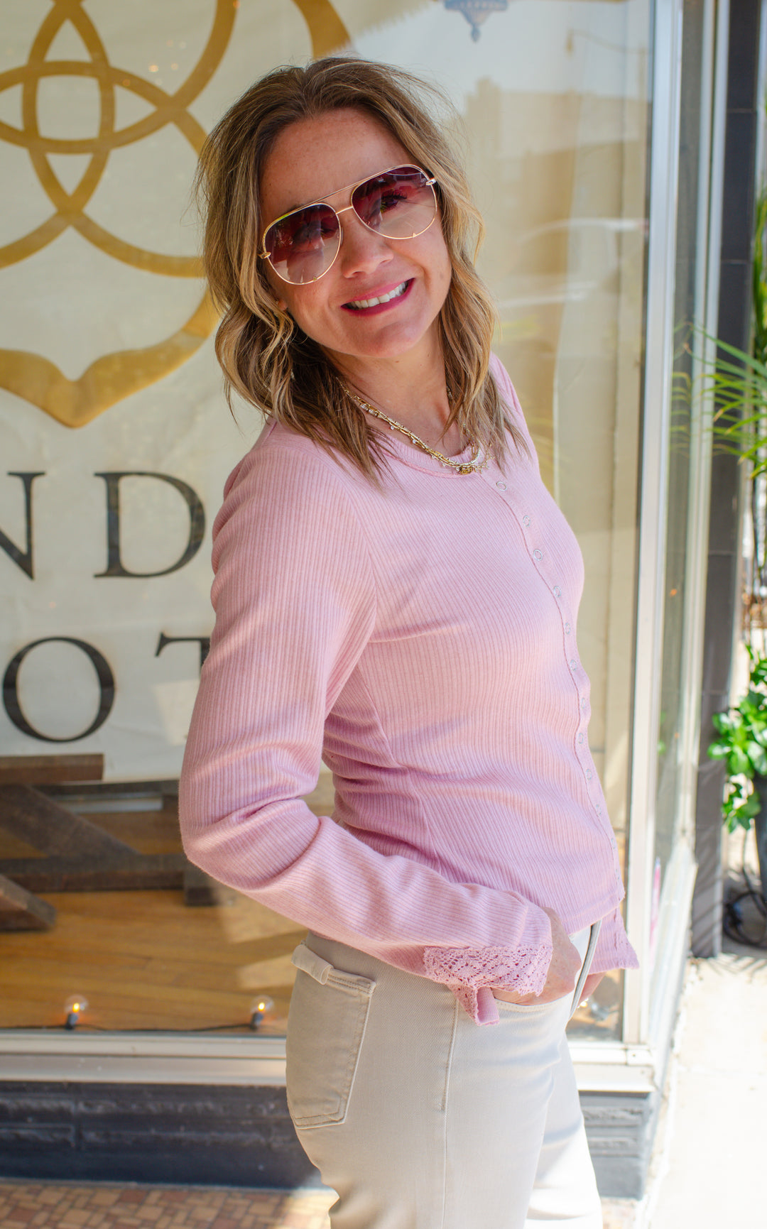 Make You Mine Crochet Lace Sleeve Button Down Henley Top in Blush