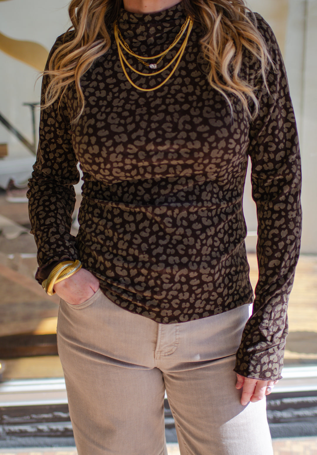 Winter Leopard Fitted Long Sleeve Mock Neck Top in Chocolate