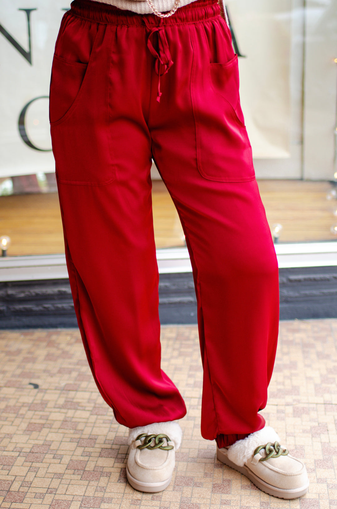 Had You At Hello Silky Stretch Waist Jogger Pant in Burgundy