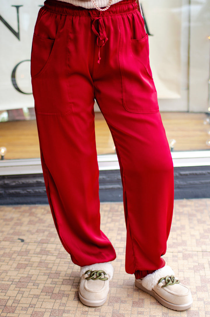 Had You At Hello Silky Stretch Waist Jogger Pant in Burgundy