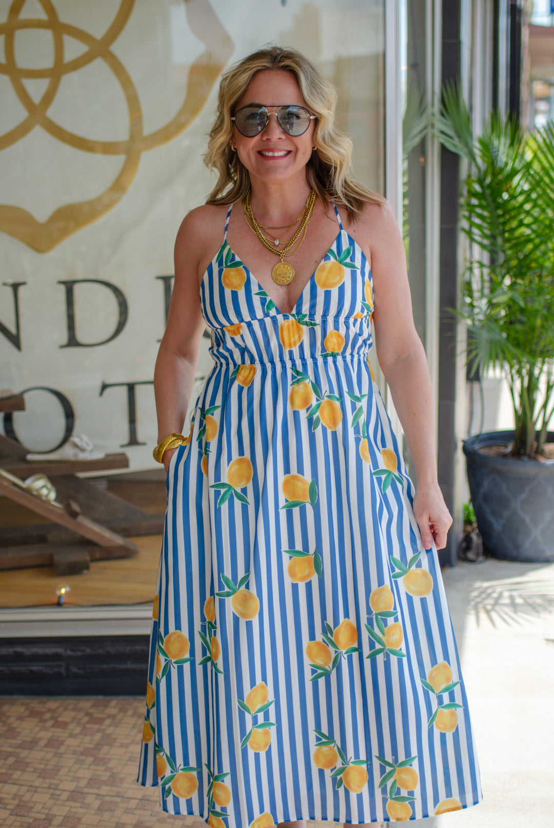 blue summer maxi dress Italian Summer Lemon Blue Stripe Maxi Dress Medium