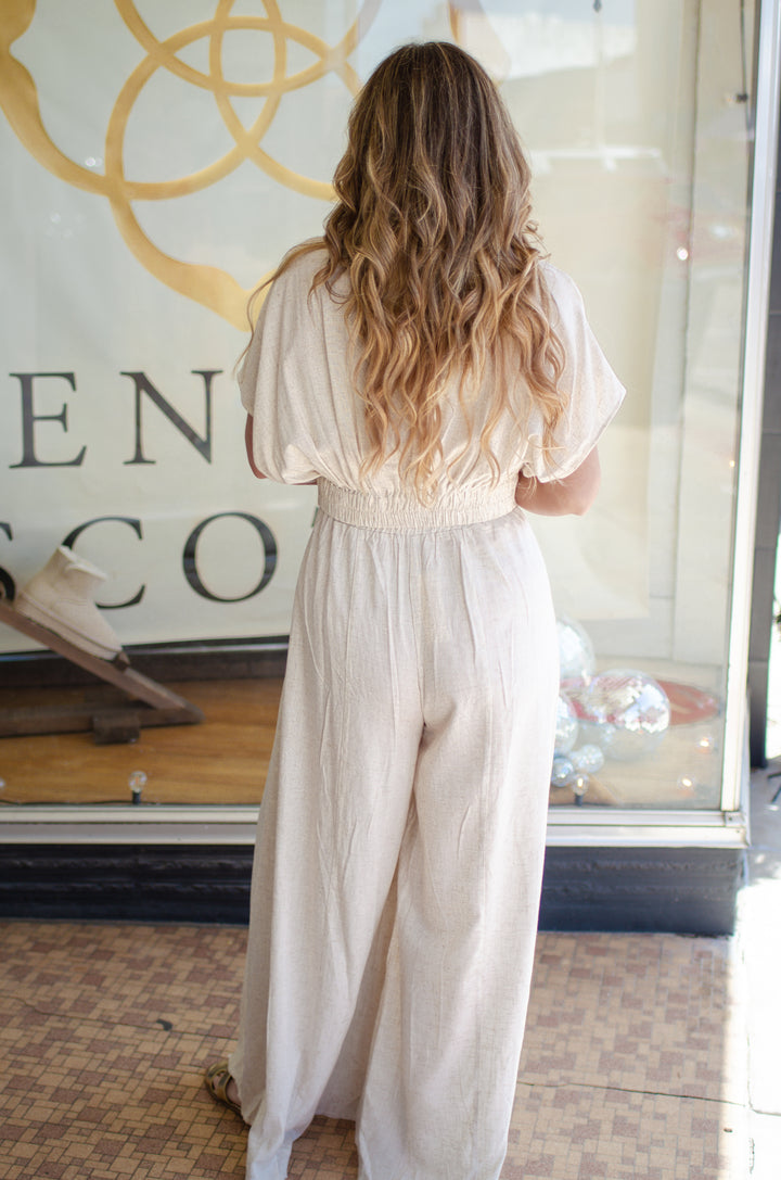 Beachy Natural Linen Cross Front Collared Top