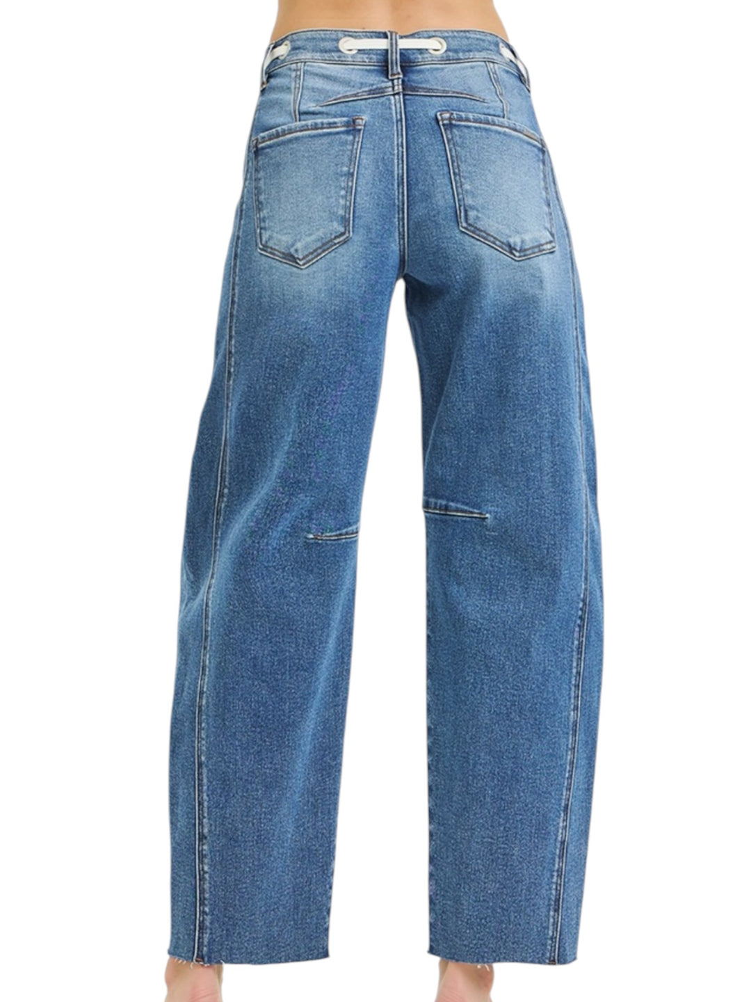 Risen Slouchy Ankle Barrel Jeans Drawstring Details in Medium Wash