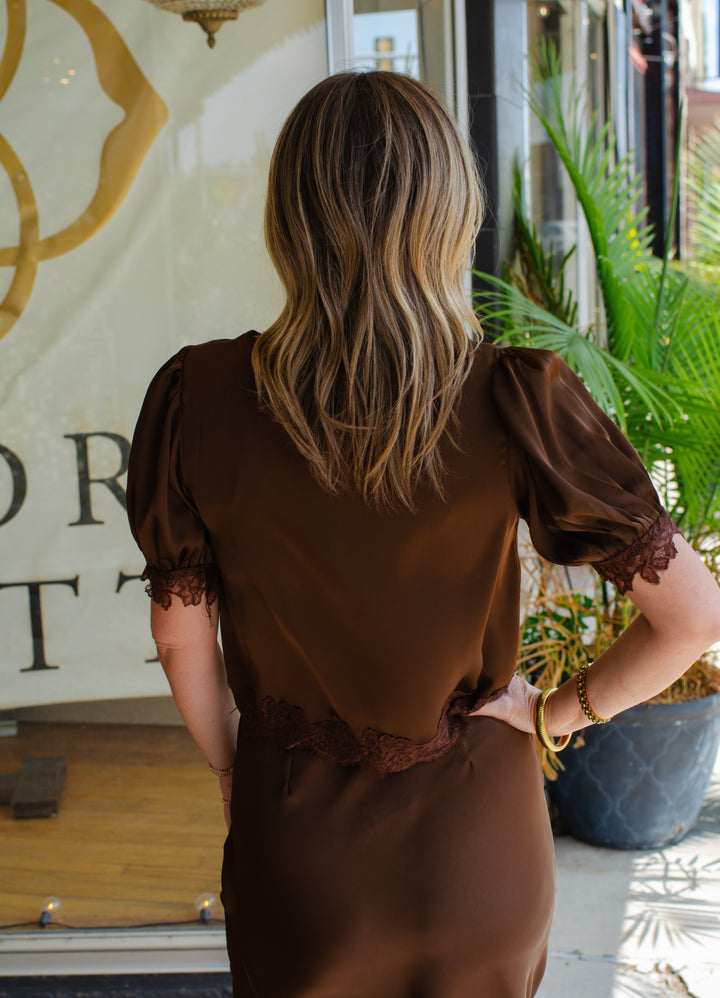 Pure Romance Satin Lace Trim V-Neck Puff Sleeve Blouse in Chocolate