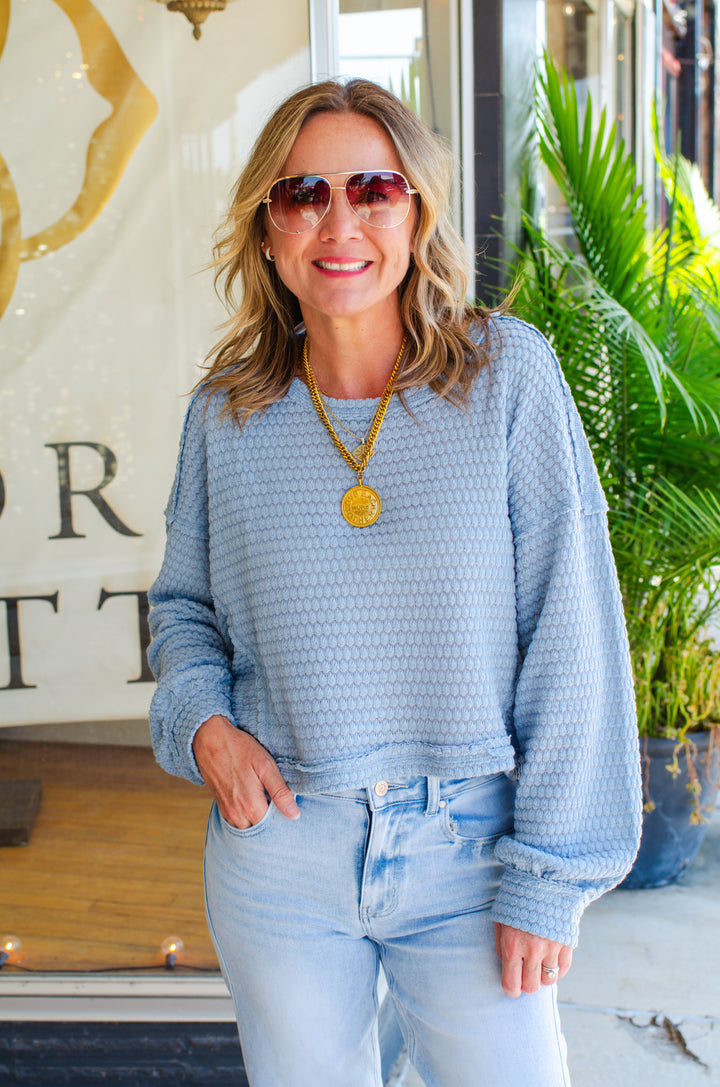 Cozy Moment Textured Round Neck Long Sleeve Top in Blue