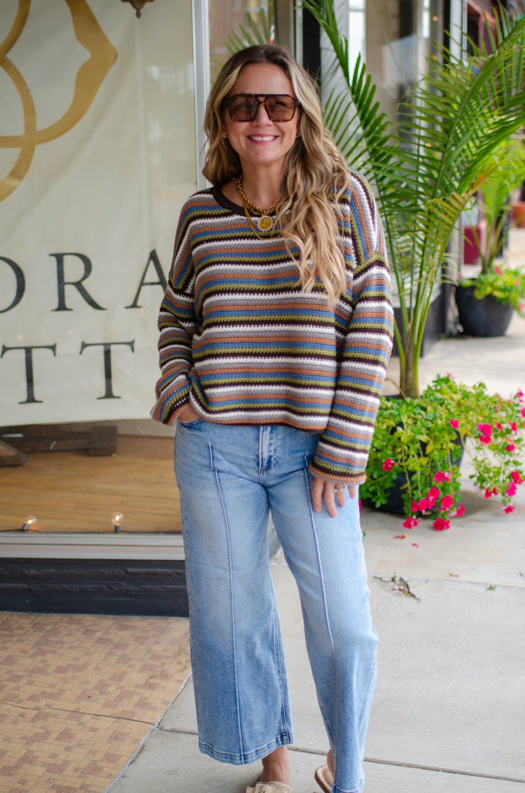 Vintage Feel Multicolor Stripe Long Sleeve Pullover Sweater