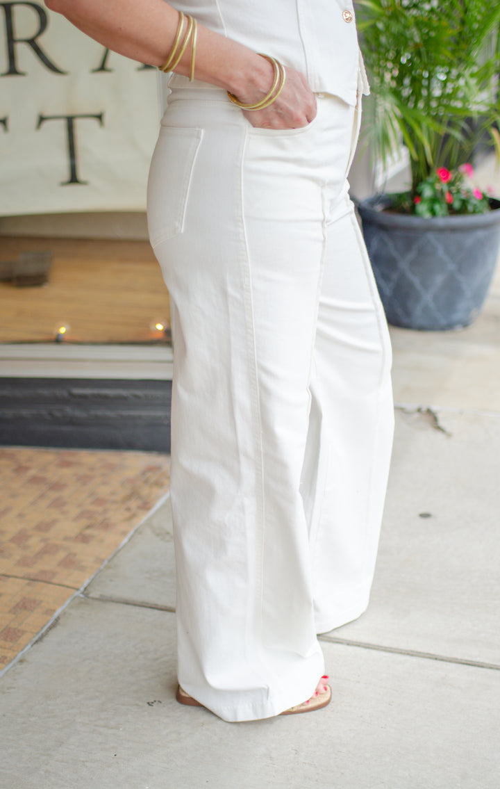 Make A Statement Gold Button Pintuck Denim Pants in White