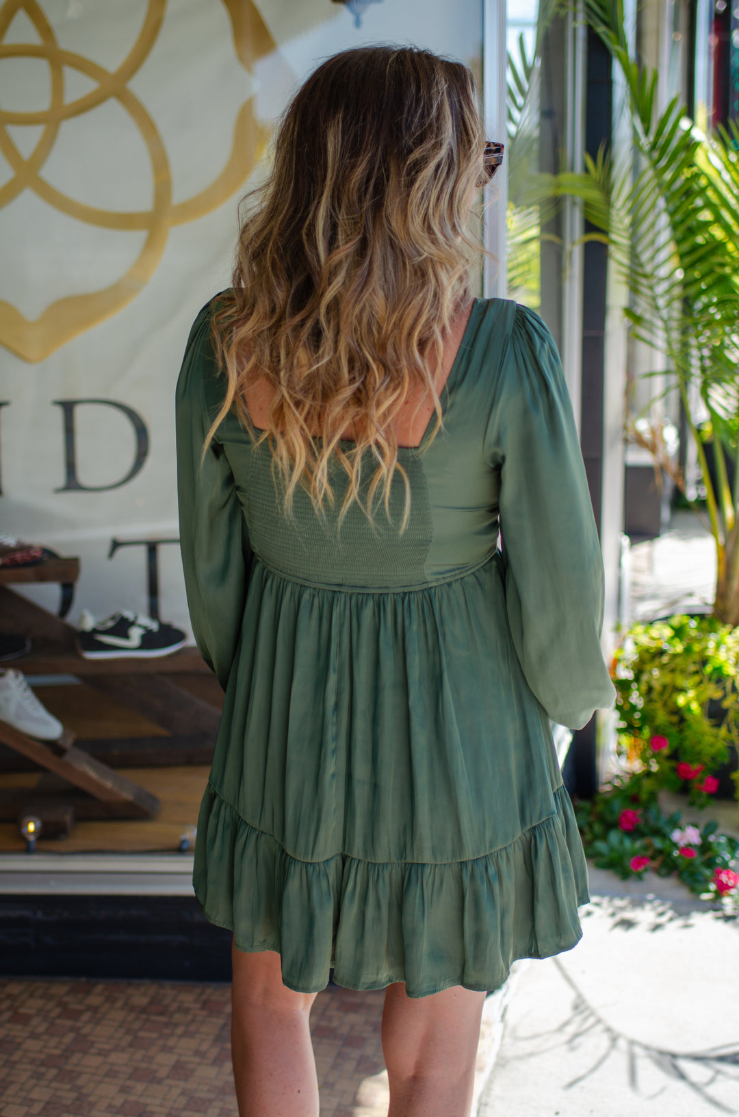 Emerald Wishes Silky Gathered Swing Dress